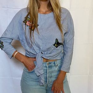 Embroidered front tie shirt